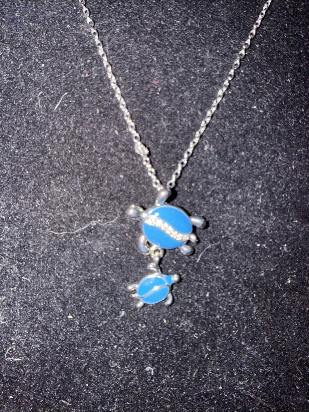 Silver Necklace with Blue Turtle Pendant Mom and Baby turtles
